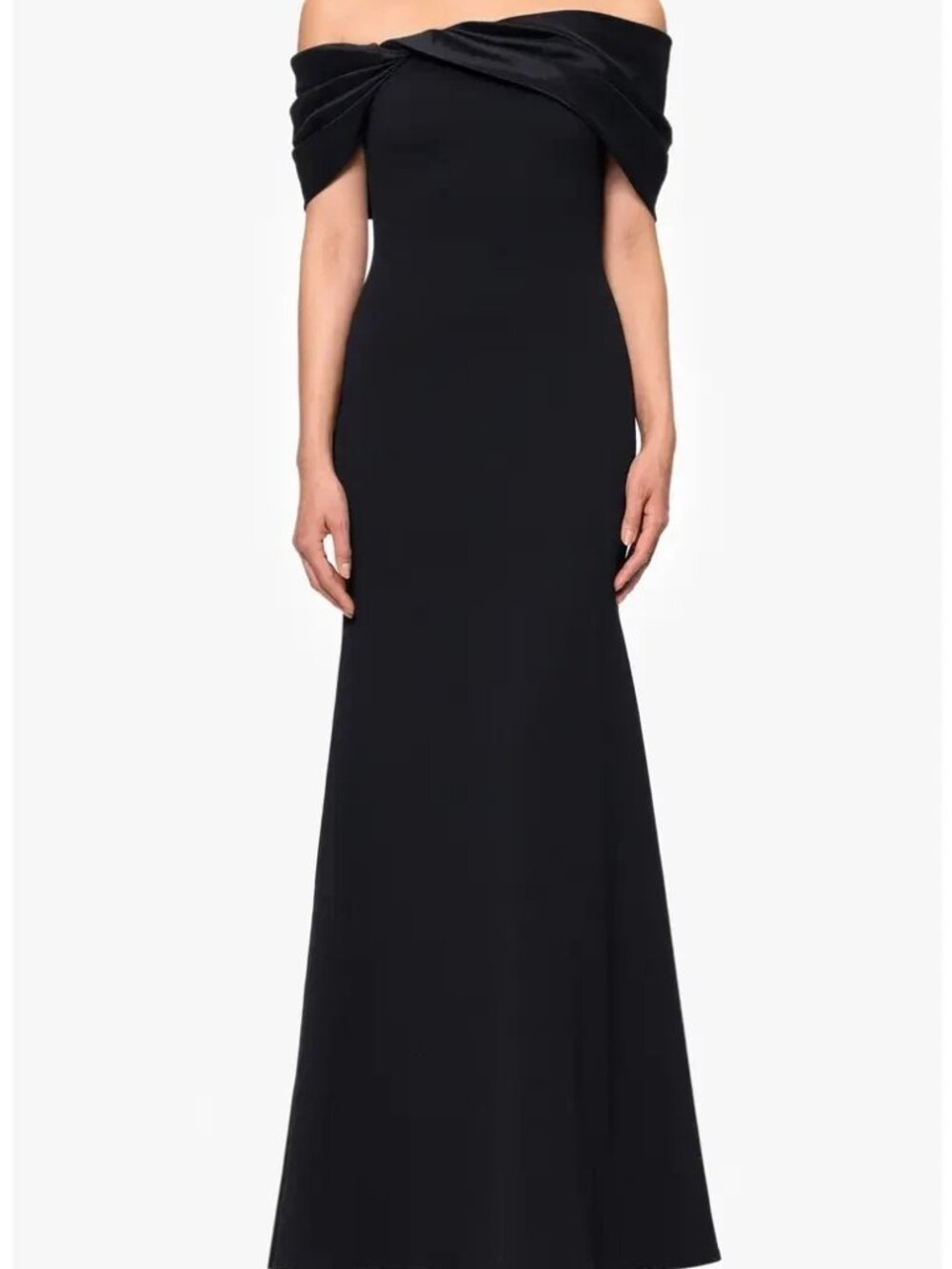 Betsy & Adam Black Taffeta Crepe Off the Shoulder Gown